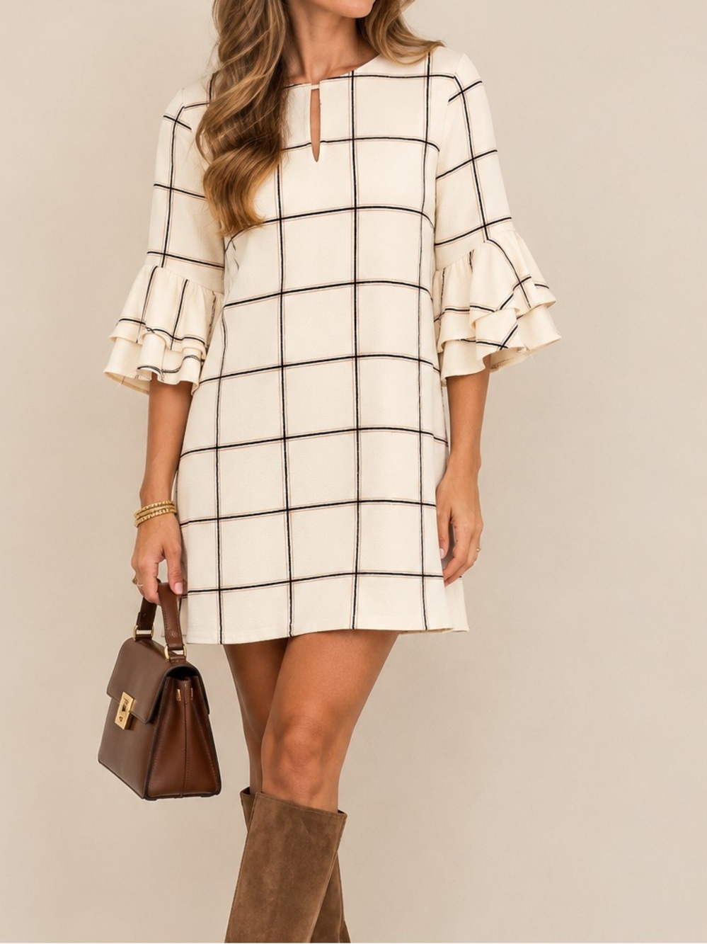 CES FEMME Shift Dress Pink & Black Windowpane Ruffle Sleeve Medium Autumn Style